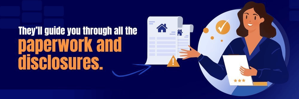 Real estate agent with paperwork and a checkmark, illustrating guidance through seller disclosures.