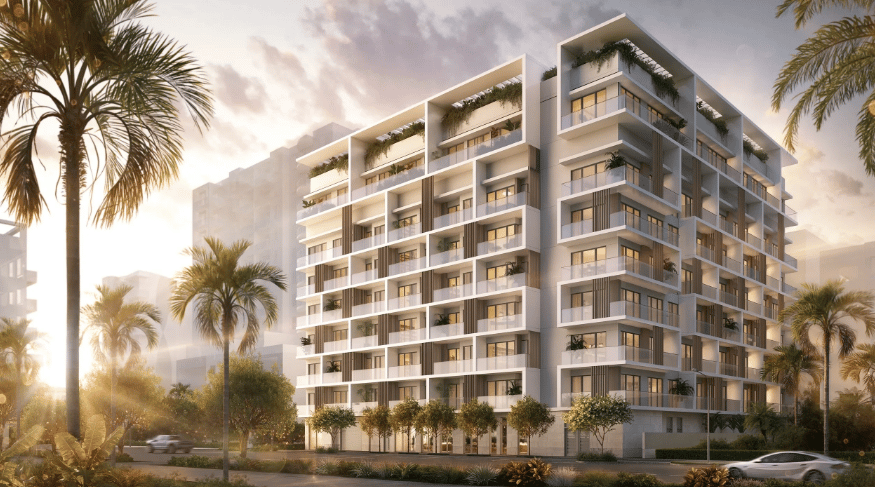 Modern multi-story condominium with stacked balconies and palm-lined landscaping.