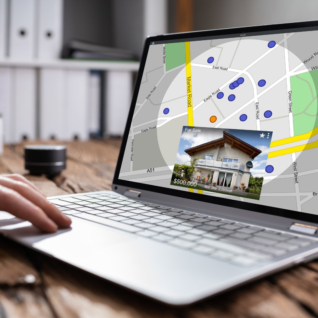 A person browses a property map on a laptop, with a $500,000 house listing displayed.