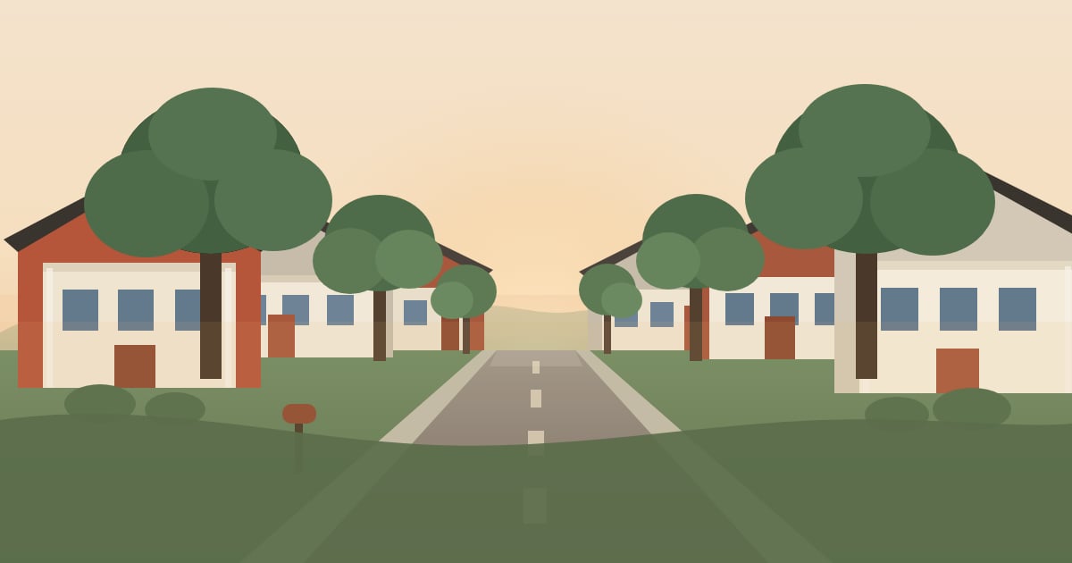 Illustration of a tree-lined residential street in Auburn, Alabama at golden hour, with single-family homes on both sides.