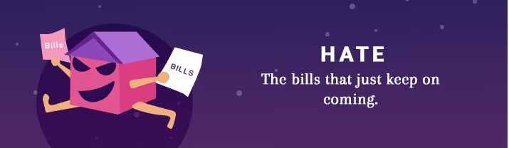Cartoon house holds bills beneath the words “HATE: The bills that just keep on coming.”