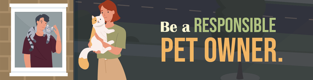 Be a responsible pet owner, illustrated with neighbors and their cats.