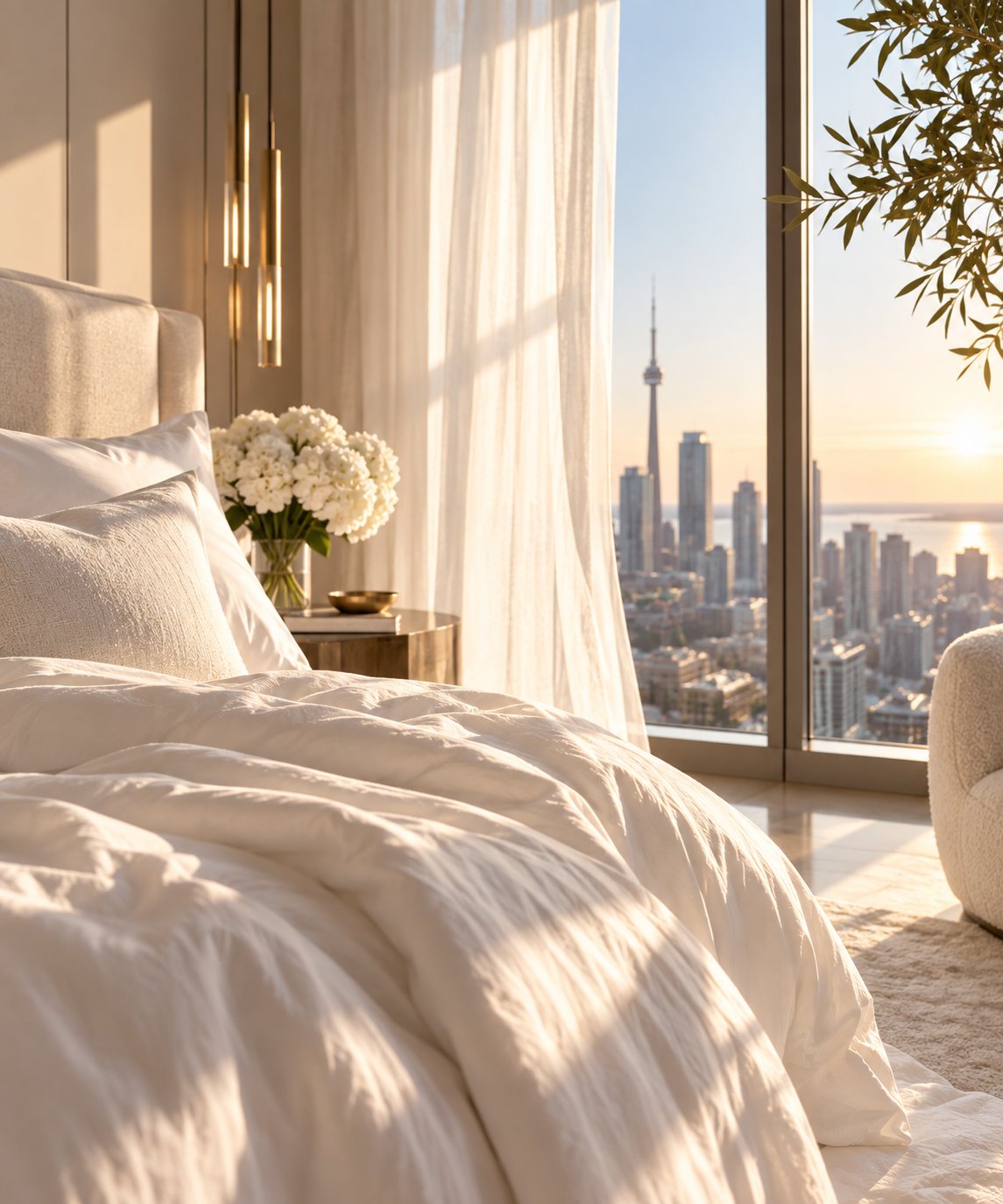High-rise bedroom with a white bed and golden-hour views of Toronto and the CN Tower.