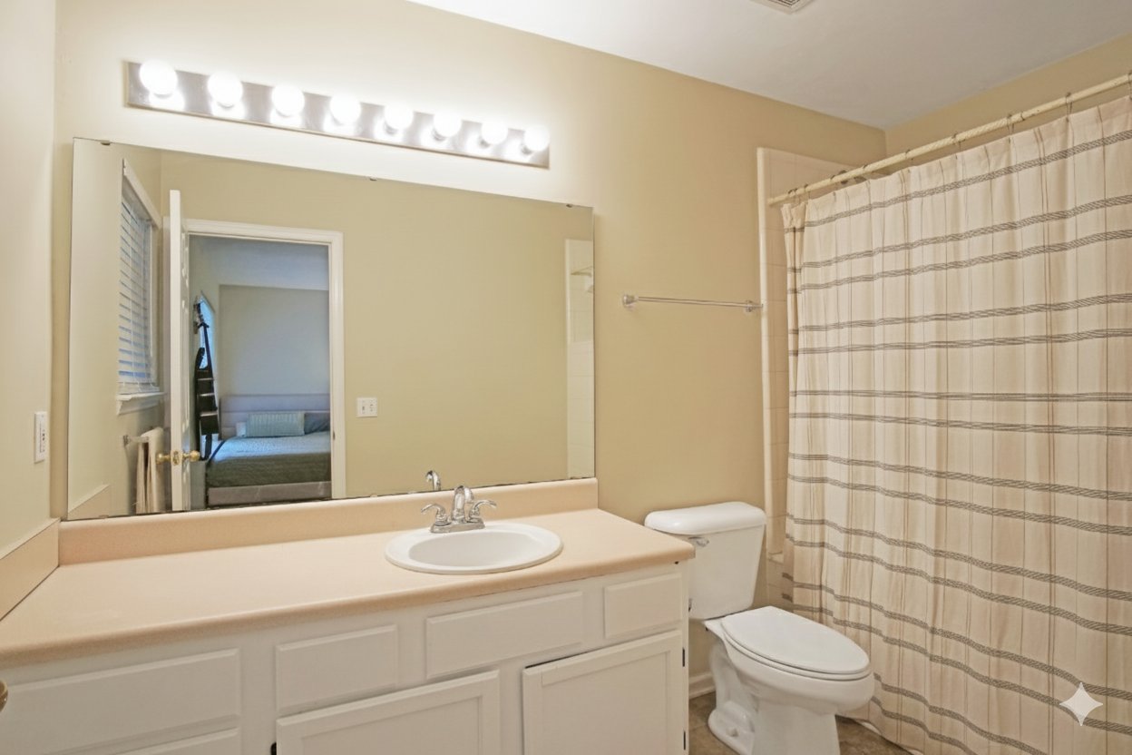 Full bathroom at 529 Collinsford Road, Tallahassee, Florida, featuring a single-sink vanity with light countertop and white cabinetry, large wall mirror with bright vanity lighting, and a shower-tub combo with a beige and white striped curtain. The room is finished with neutral walls and tile flooring.