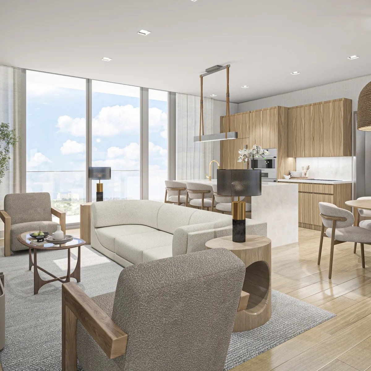 Rendering of a penthouse living room and kitchen at Ella Miami Beach.