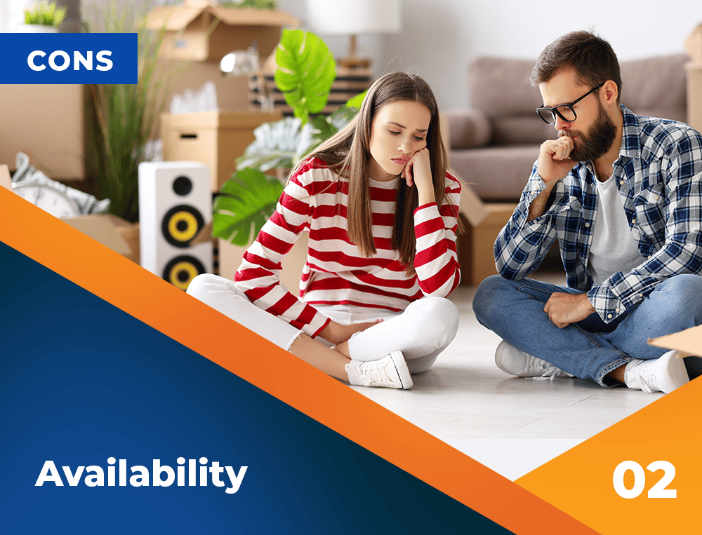 “CONS: Availability,” panel 02, with a concerned couple seated among moving boxes.