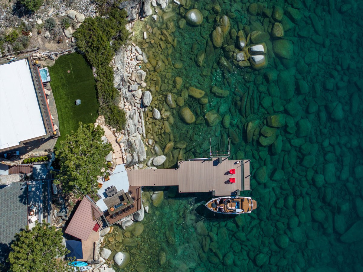 Lakefront estate on Lakeshore Boulevard in Incline Village, Nevada, with pier and direct Lake Tahoe shoreline