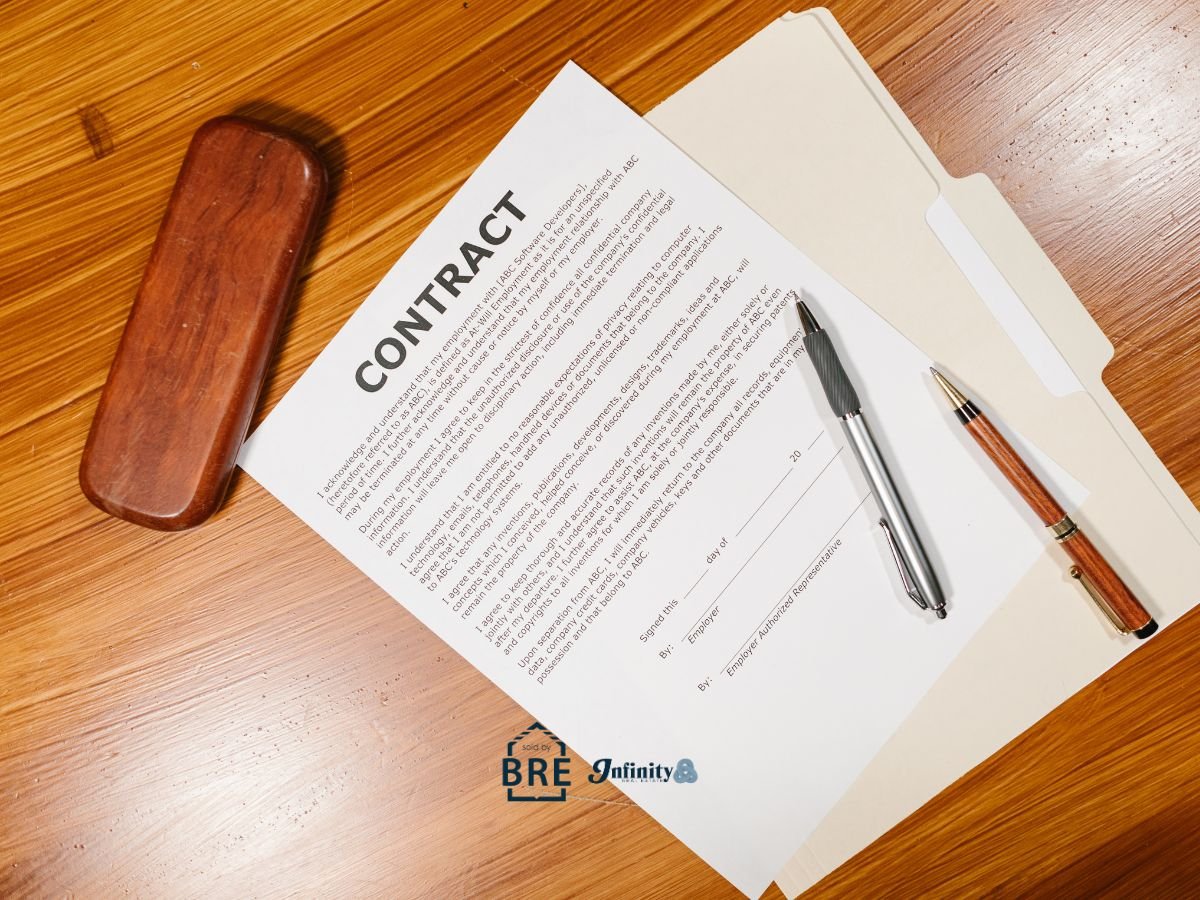 Contract document with two pens and a wooden stamp on a polished wood desk.