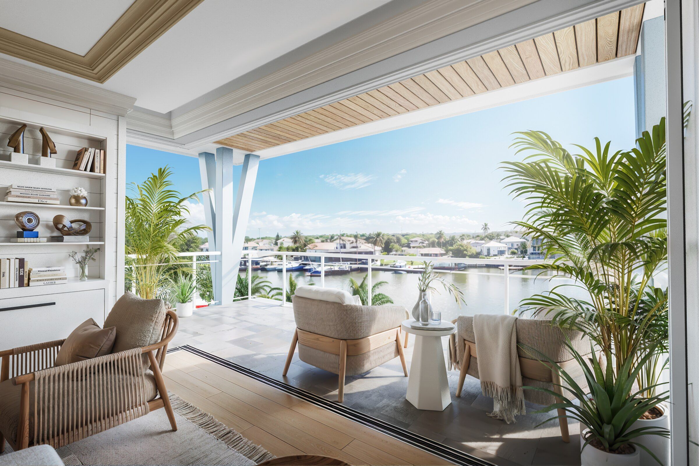 Rendering of a covered lounge looking out over the water at Harbour House Naples