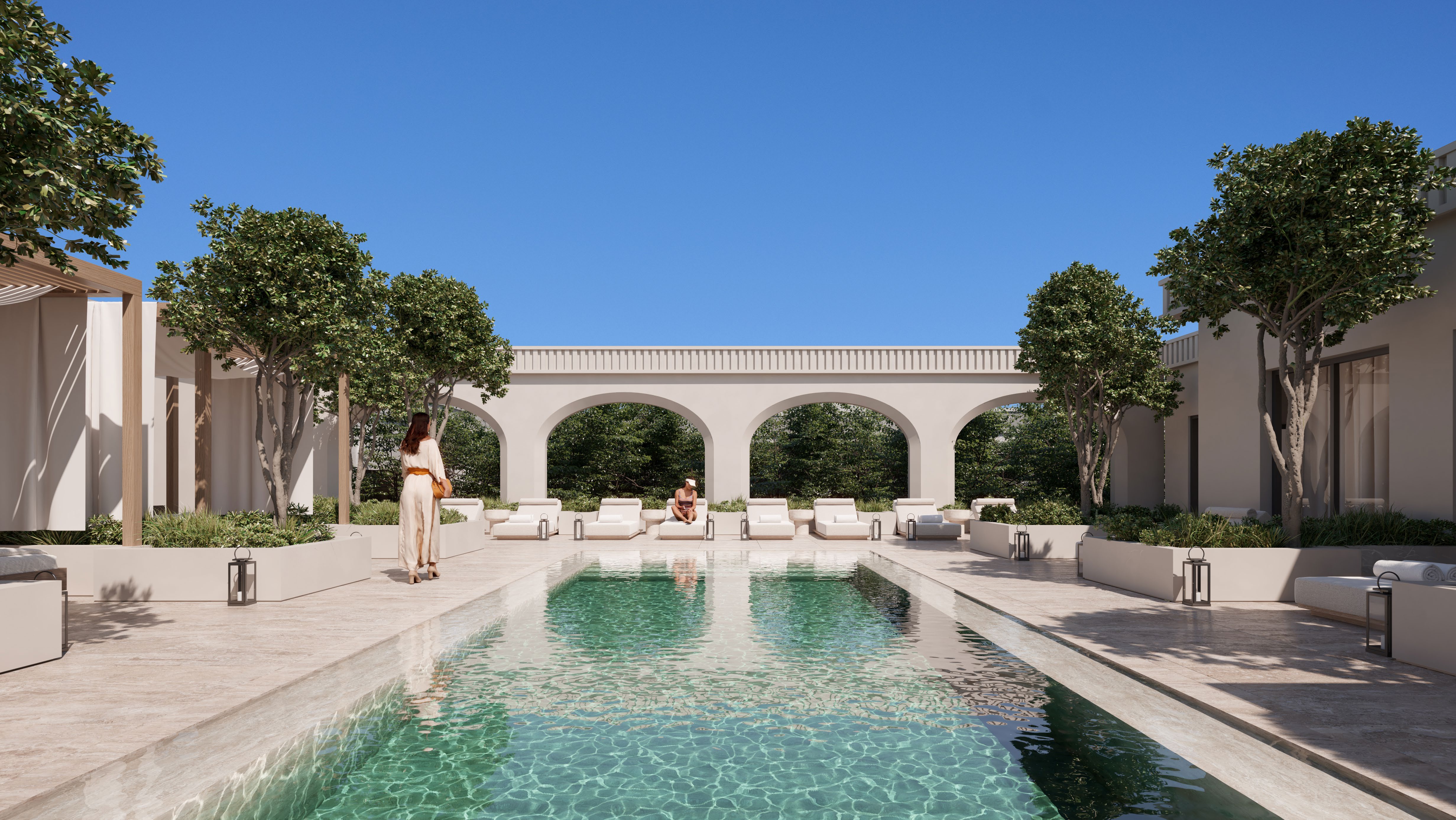 Rendering of the pool courtyard with loungers and an arched colonnade at The Avenue Naples
