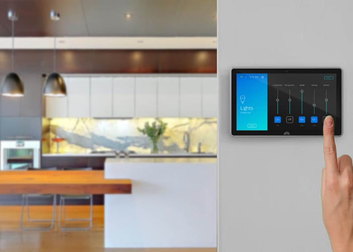 Contemporary bedroom featuring a wall-mounted smart switch for controlling connected home devices.