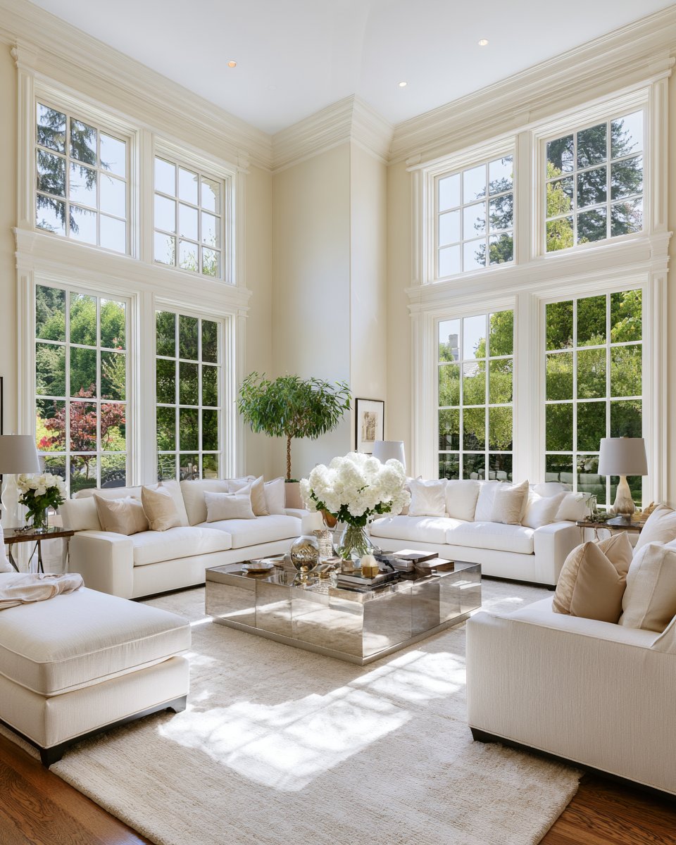 Bright living room with tall windows, white sofas, and a glass coffee table.