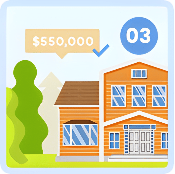 Illustrated orange house with a $550,000 price tag and number 03.