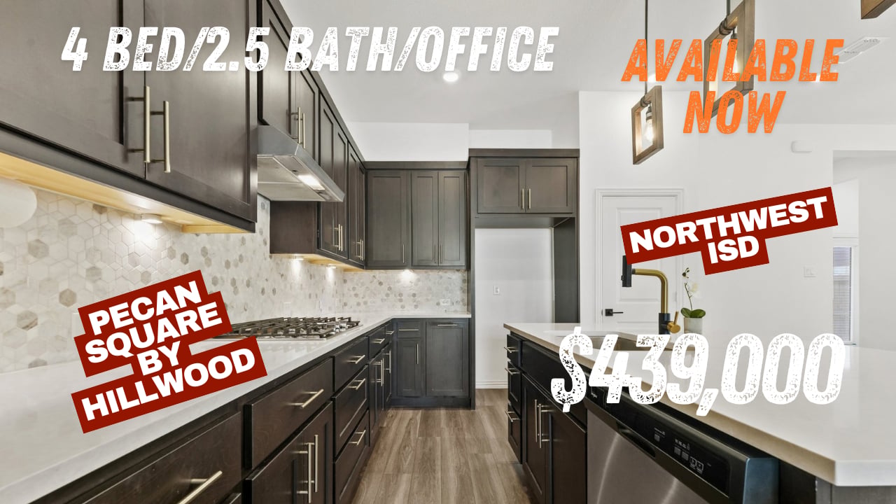 Kitchen in 2023 Ashton Woods home for sale in Pecan Square, Northlake TX. Text reads Pecan Square, Northwest ISD, $439,000