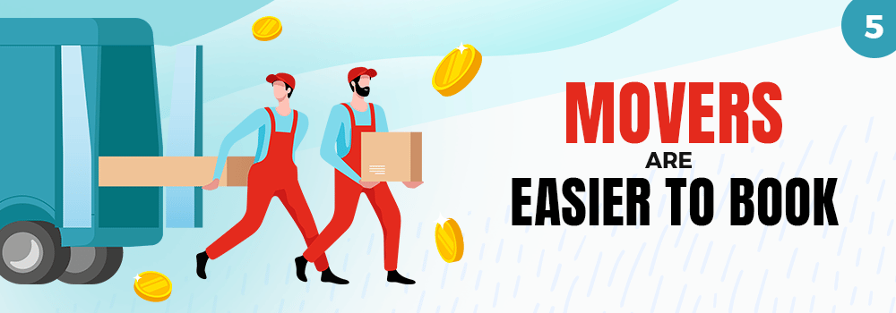 Two movers carry boxes beside a truck; “Movers are easier to book” appears on the graphic.