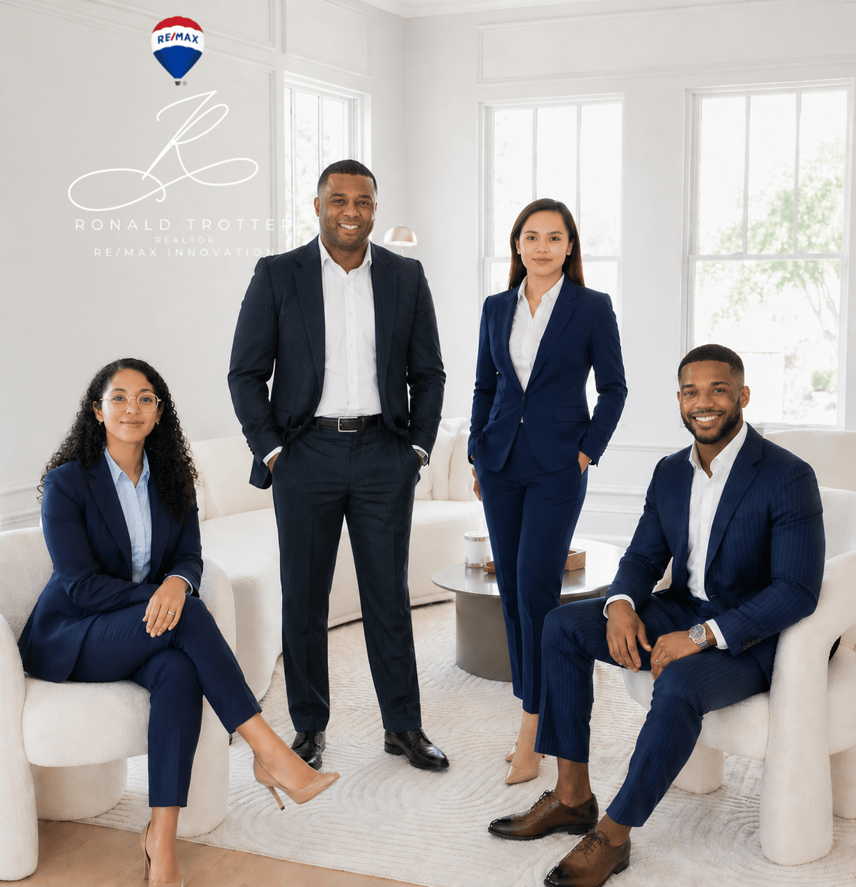 Four RE/MAX real estate agents pose in a bright office, two seated and two standing.