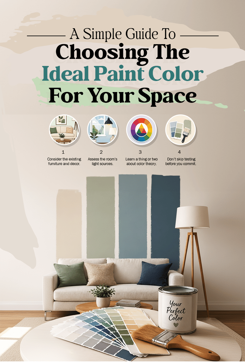 Paint color guide with four selection tips above a living room, wall swatches, and color samples.