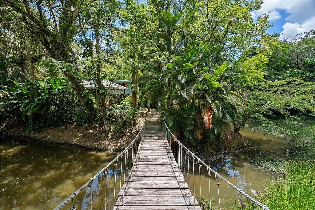 Wooden suspension bridge over tropical river