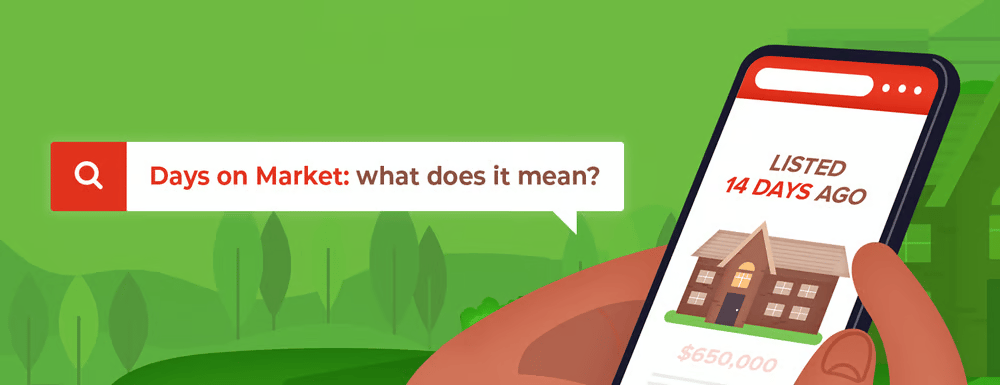 Illustration explaining days on market with a home listing shown on a phone.