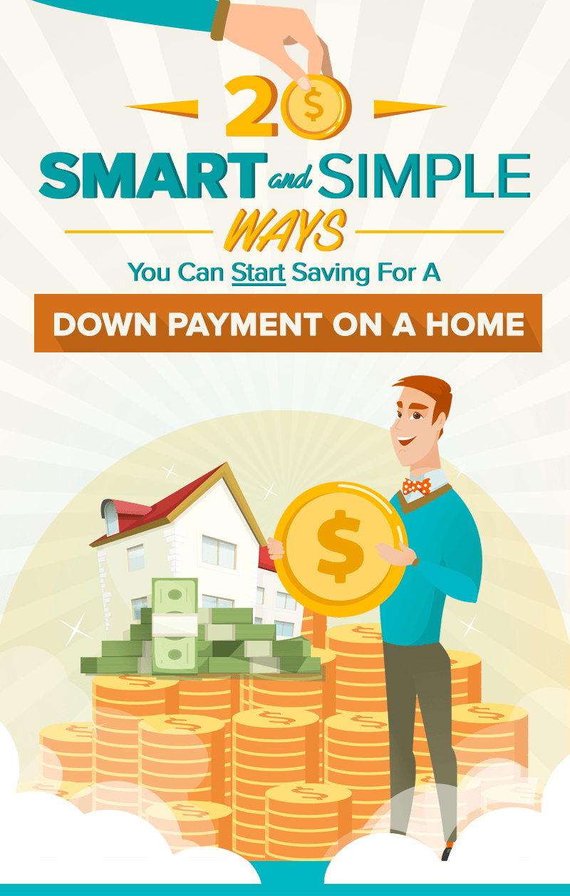 Graphic about 20 ways to save for a home down payment, with a man holding a coin beside a house and savings.
