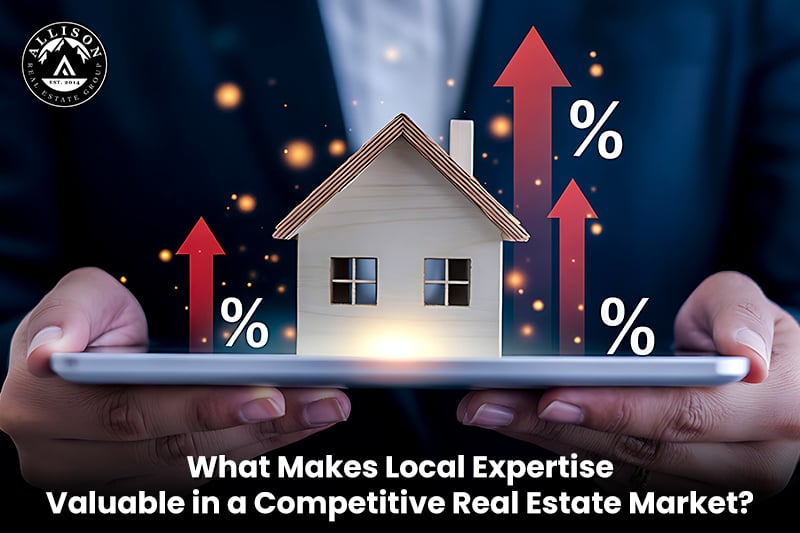 Real estate market graphic showing a house, rising percentage arrows, and a local expertise headline.