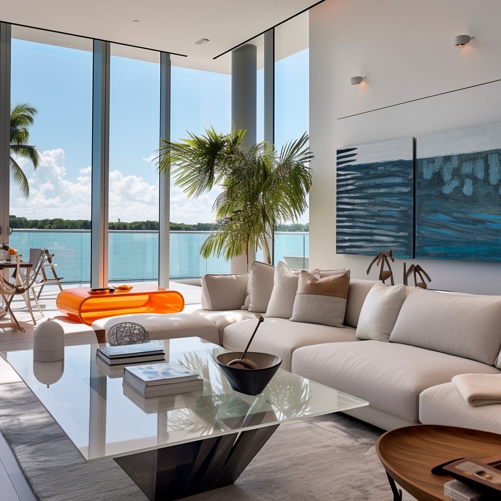 Stylish Naples FL living room with waterfront views, floor-to-ceiling windows, and coastal decor