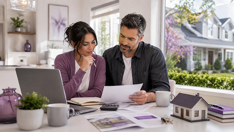 Couple reviewing home-buying paperwork and listings at a kitchen counter