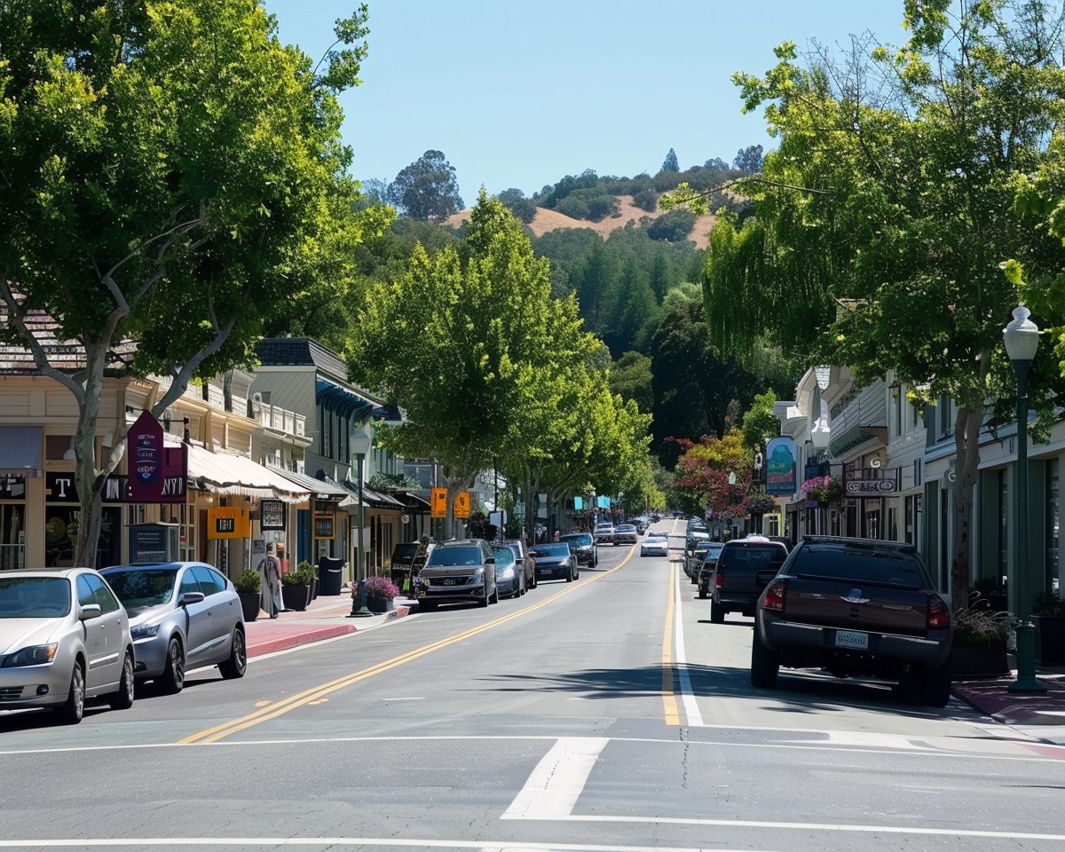 Tree-lined commercial street with storefronts, parked cars, and hills in the distance.