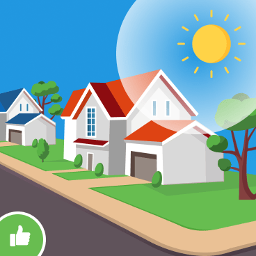 Illustration of houses on a sunny corner lot beside intersecting streets.