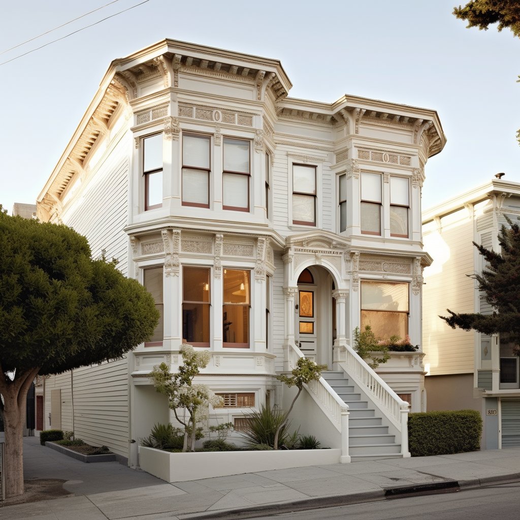 Ornate white Victorian home with bay windows and a front staircase.
