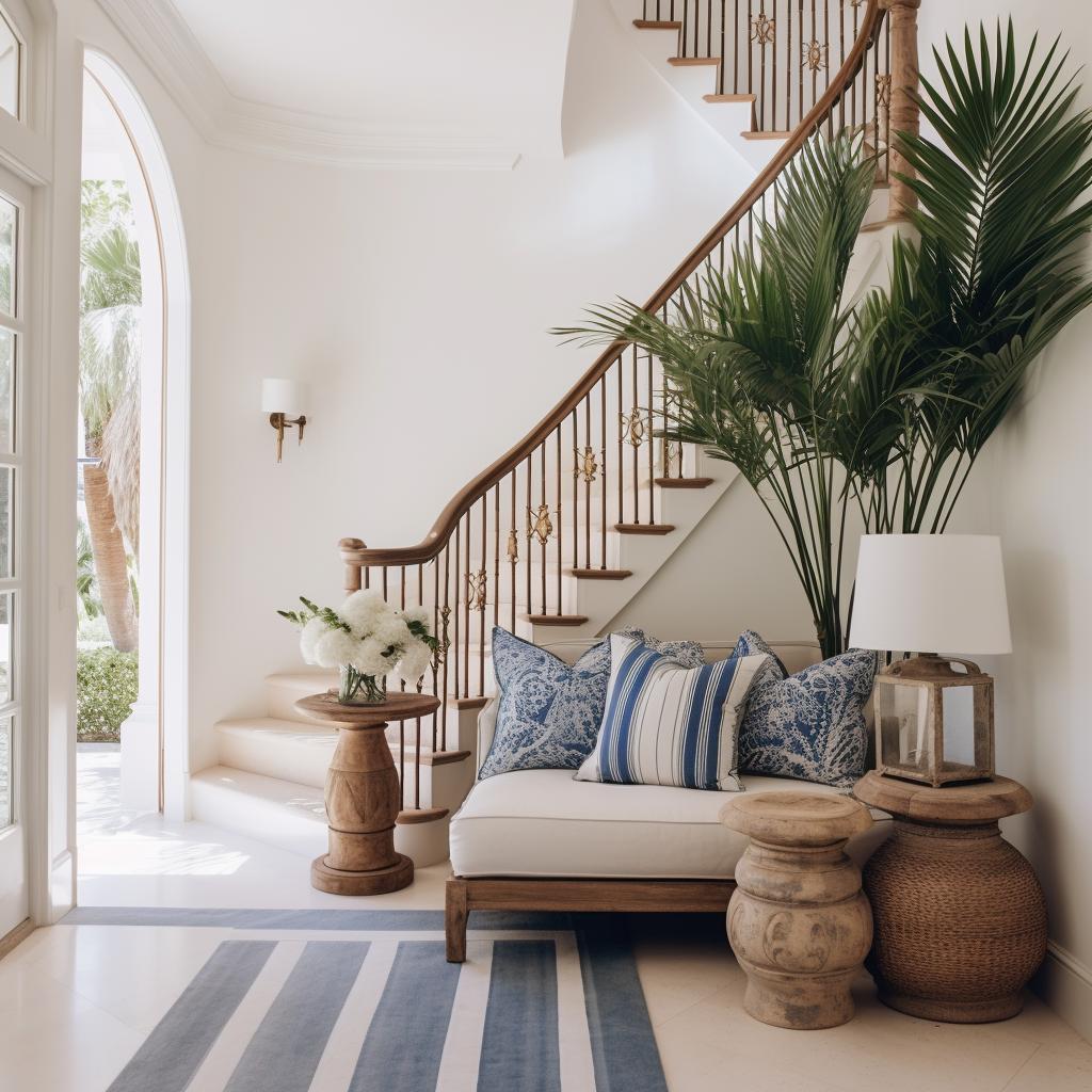 Bright entryway with a curved wooden staircase, arched windows, and a white sofa with blue cushions.
