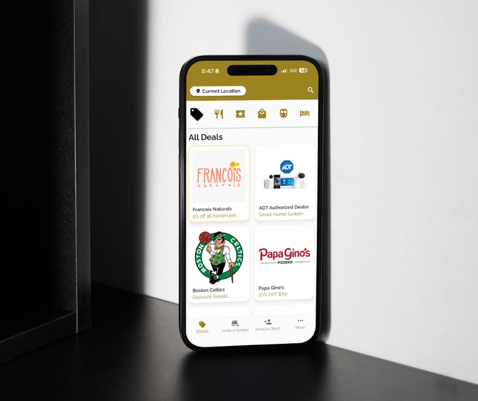 Smartphone displaying a deals app with offers from François Naturals, ADT, the Boston Celtics, and Papa Gino’s.