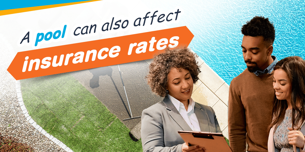 Graphic about pool insurance rates, with a backyard pool and three people reviewing a clipboard.