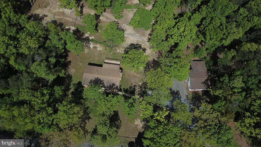 Aerial view of a house and outbuilding surrounded by trees, with a driveway and open lawn.