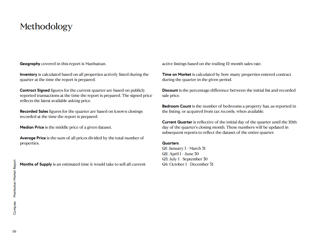 Methodology page defining Manhattan market report metrics and listing calendar quarter dates.