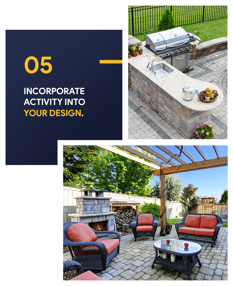 Outdoor-living tip 05: Incorporate activity into your design, with photos of an outdoor kitchen and pergola patio.