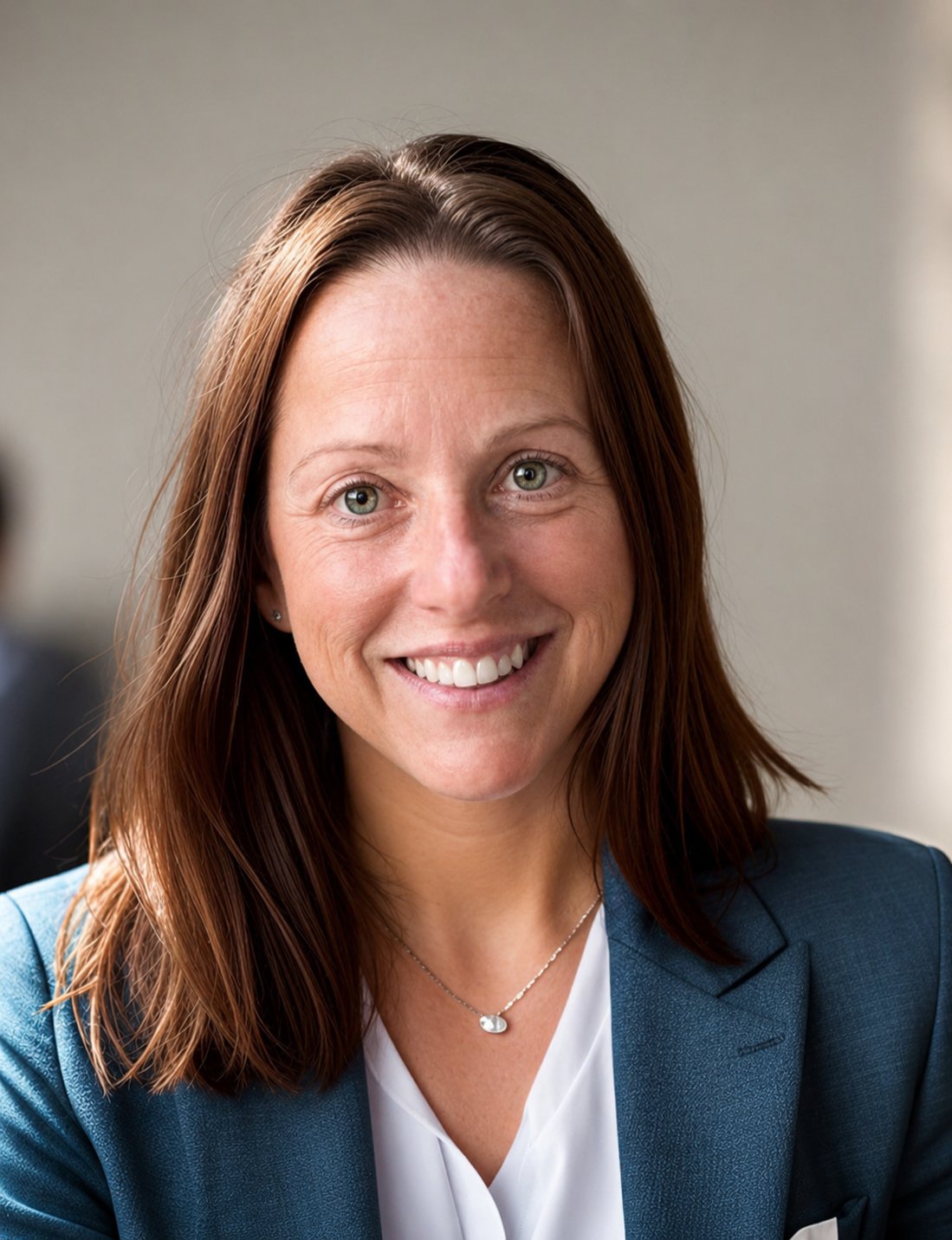Tina Egan smiling in a blue blazer and white blouse.
