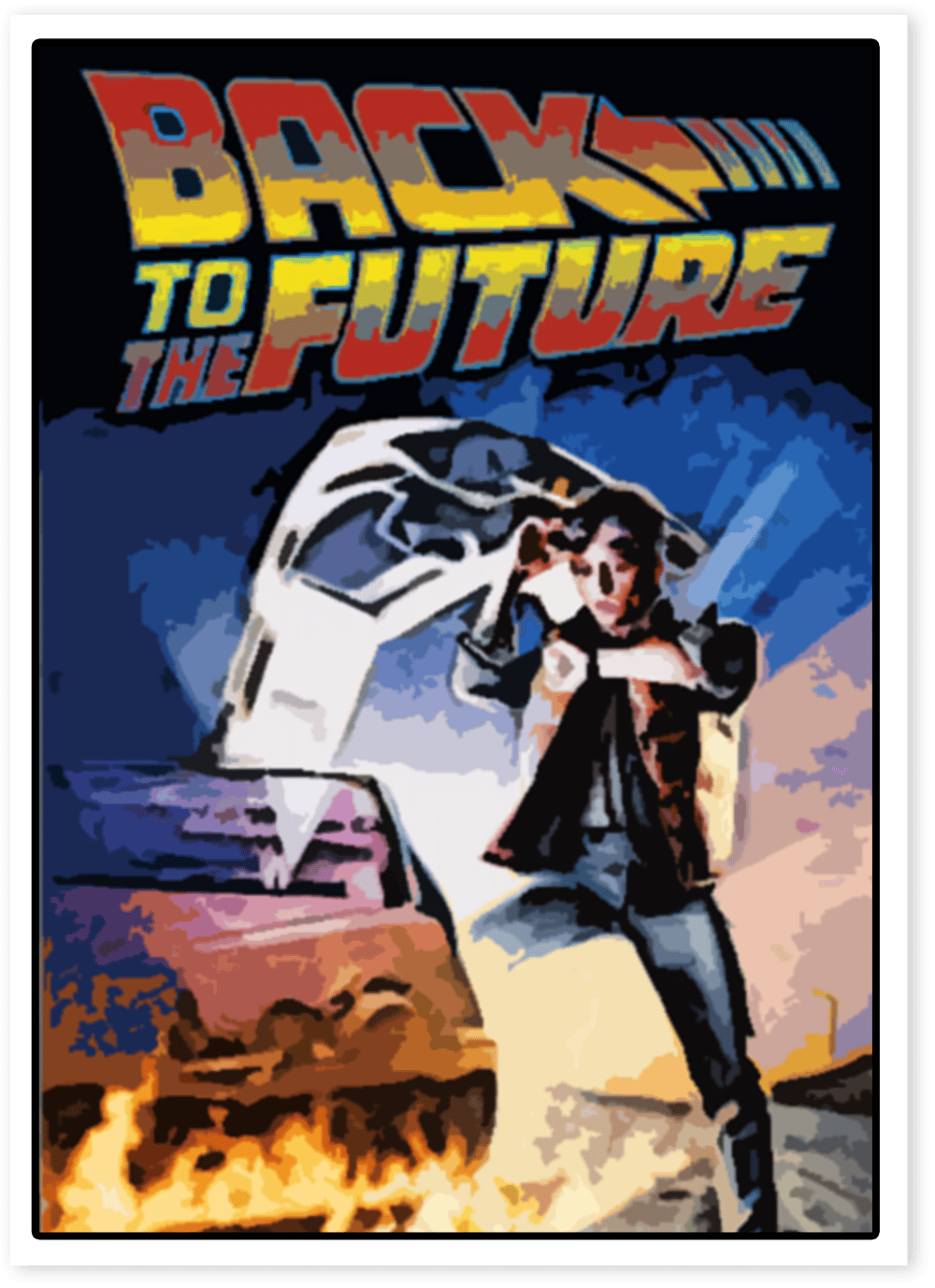 Back to the Future poster artwork with Marty McFly beside the DeLorean