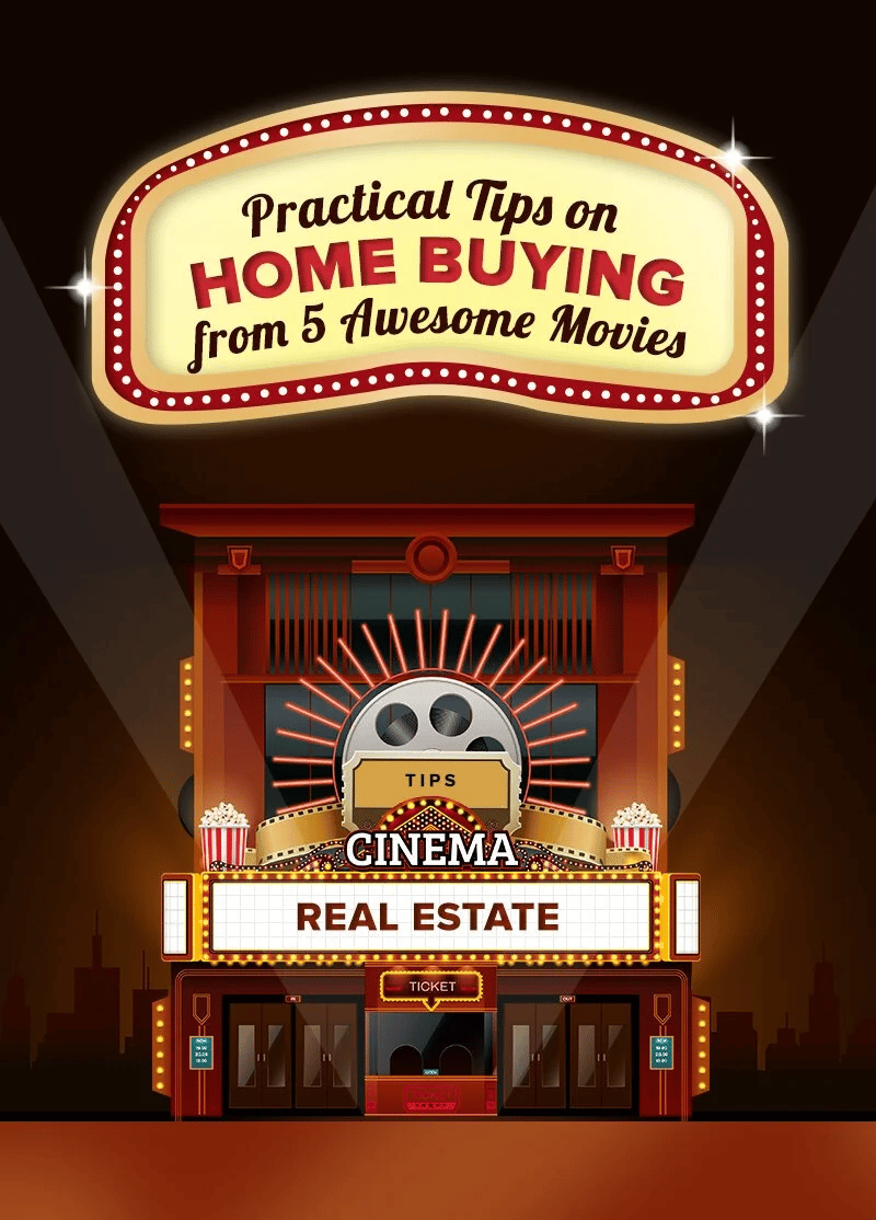 Illustrated cinema marquee promoting home-buying tips from five movies, with a large REAL ESTATE sign.