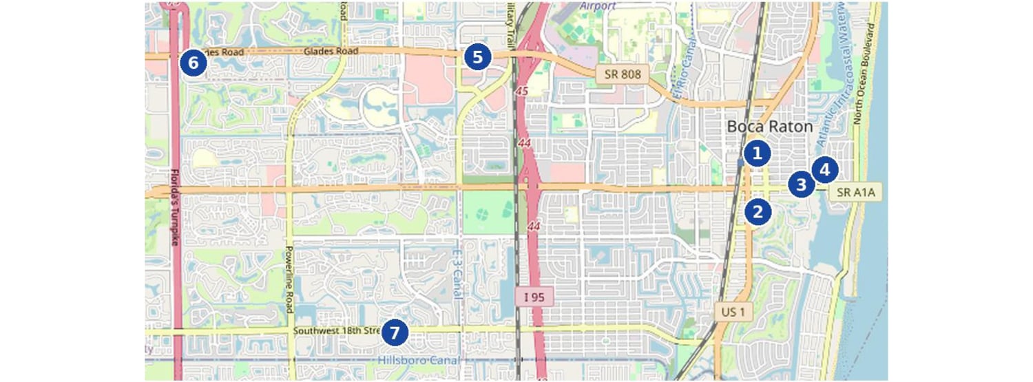 Map of Boca Raton with seven numbered markers.