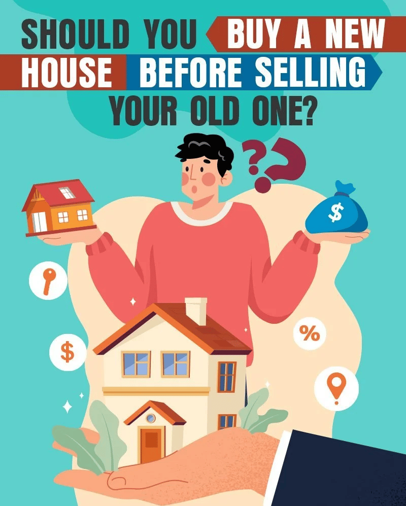 Illustration asks whether to buy a new house before selling, with a man weighing a house against money.