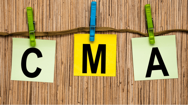 CMA letters on three cards clipped to a cord.