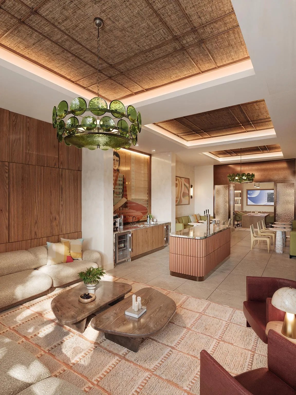 Furnished lounge with a kitchen island, woven ceiling panels, and green glass chandeliers.