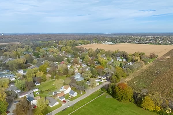 Aerial view of homes among trees beside open fields and winding streets.