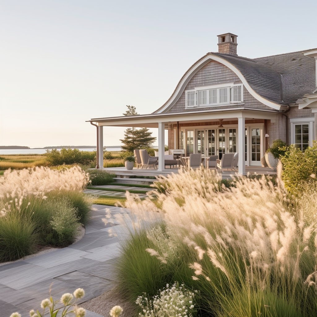 Shingle-sided home with a curved gambrel roof, furnished patio, and water visible beyond ornamental grasses.