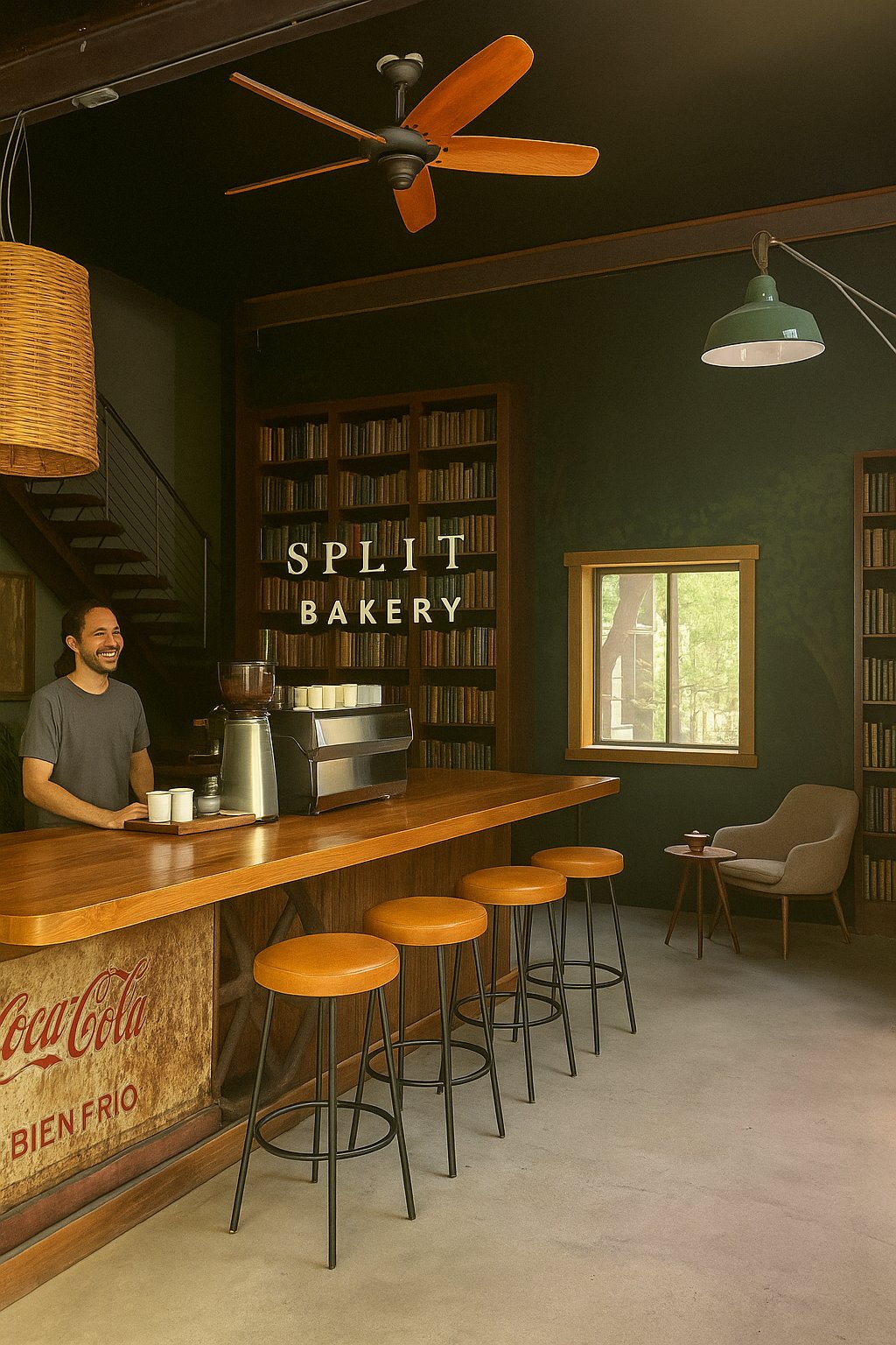 AI concept rendering of a possible use: a coffee bar and bakery counter at 640 Tillery Street, East Austin. Not the current condition.