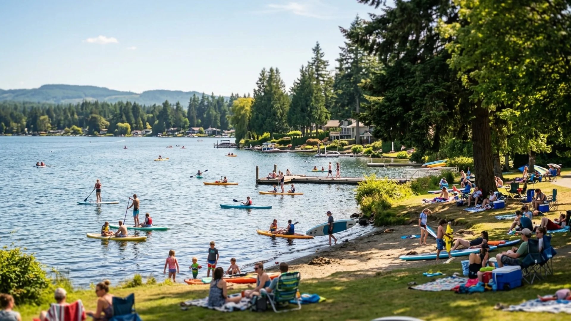 People paddleboard and relax along a tree-lined lake beach on a sunny day.