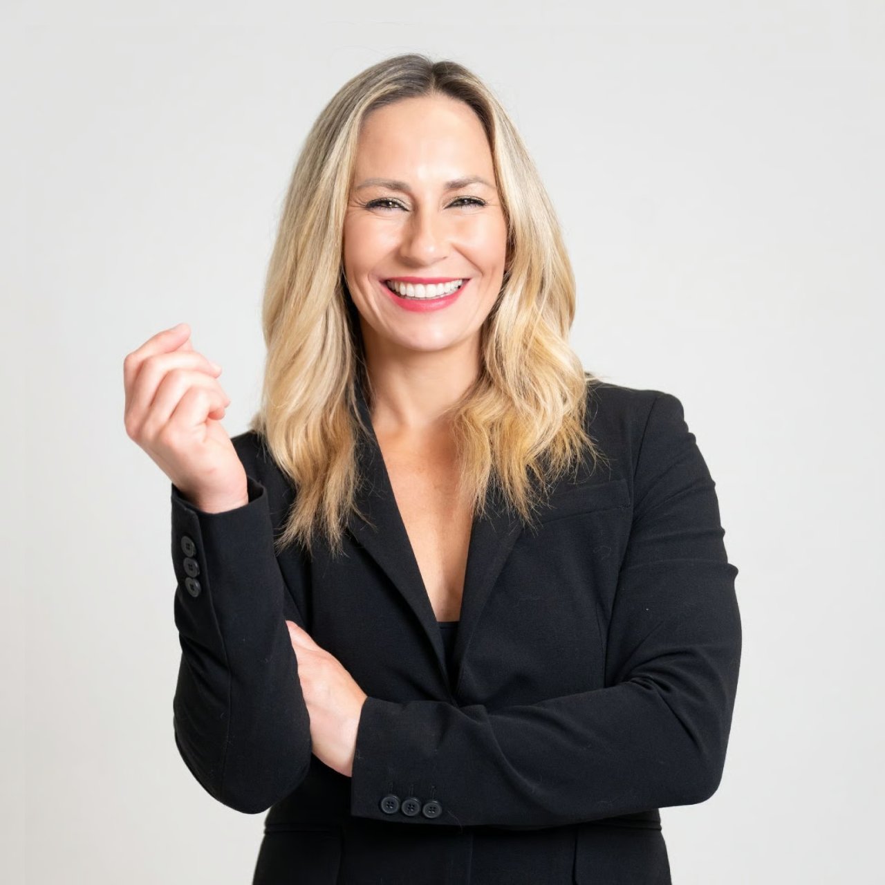 Smiling blonde woman in a black blazer, posing with one arm crossed.