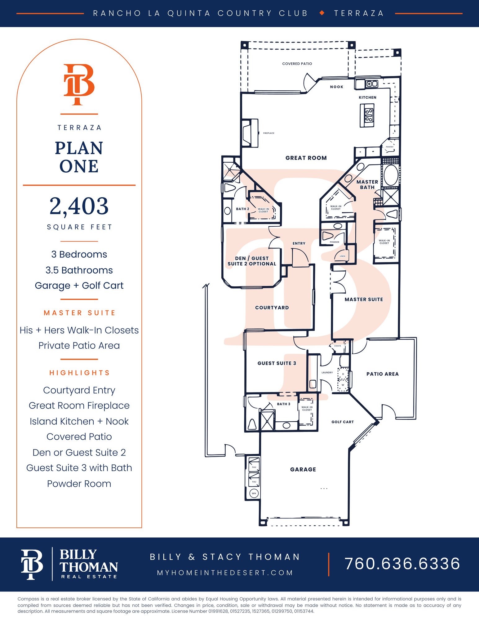Rancho La Quinta Country Club Terraza 1 floor plan, 3 bedroom 3.5 bath 2,403 sq ft single story home with courtyard entry