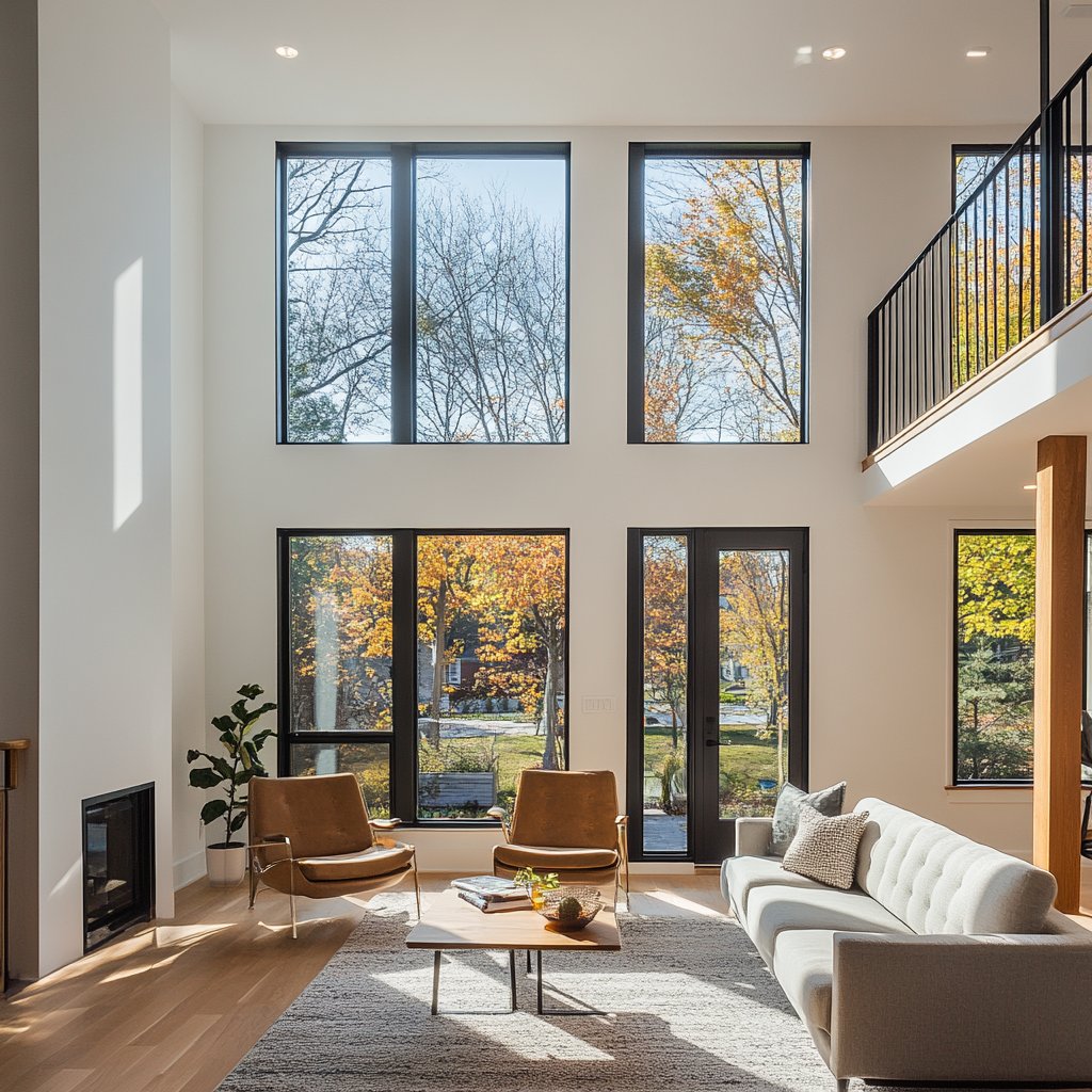 Double-height living room with tall windows, a white sofa, tan armchairs, and autumn trees outside.